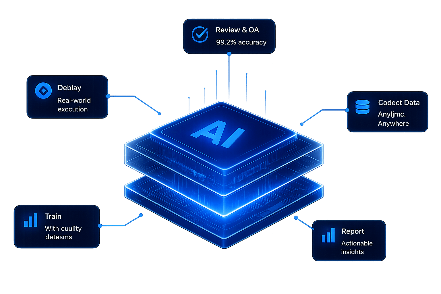 OkayGo AI operating layer - an AI chip stack surrounded by Deploy, Review & QA, Collect Data, Train and Report nodes